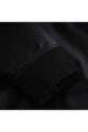 Close-up of a black jacket sleeve with a ribbed cuff and smooth leather-like fabric.