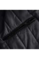 Close-up of a black quilted jacket interior with a zippered pocket.
