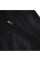 Close up view of a metallic zipper pocket on a black leather-like jacket.
