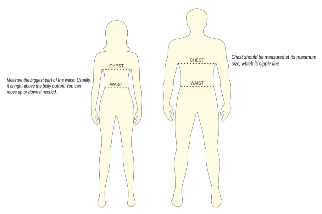 Male and female body outlines showing chest and waist measurement points.