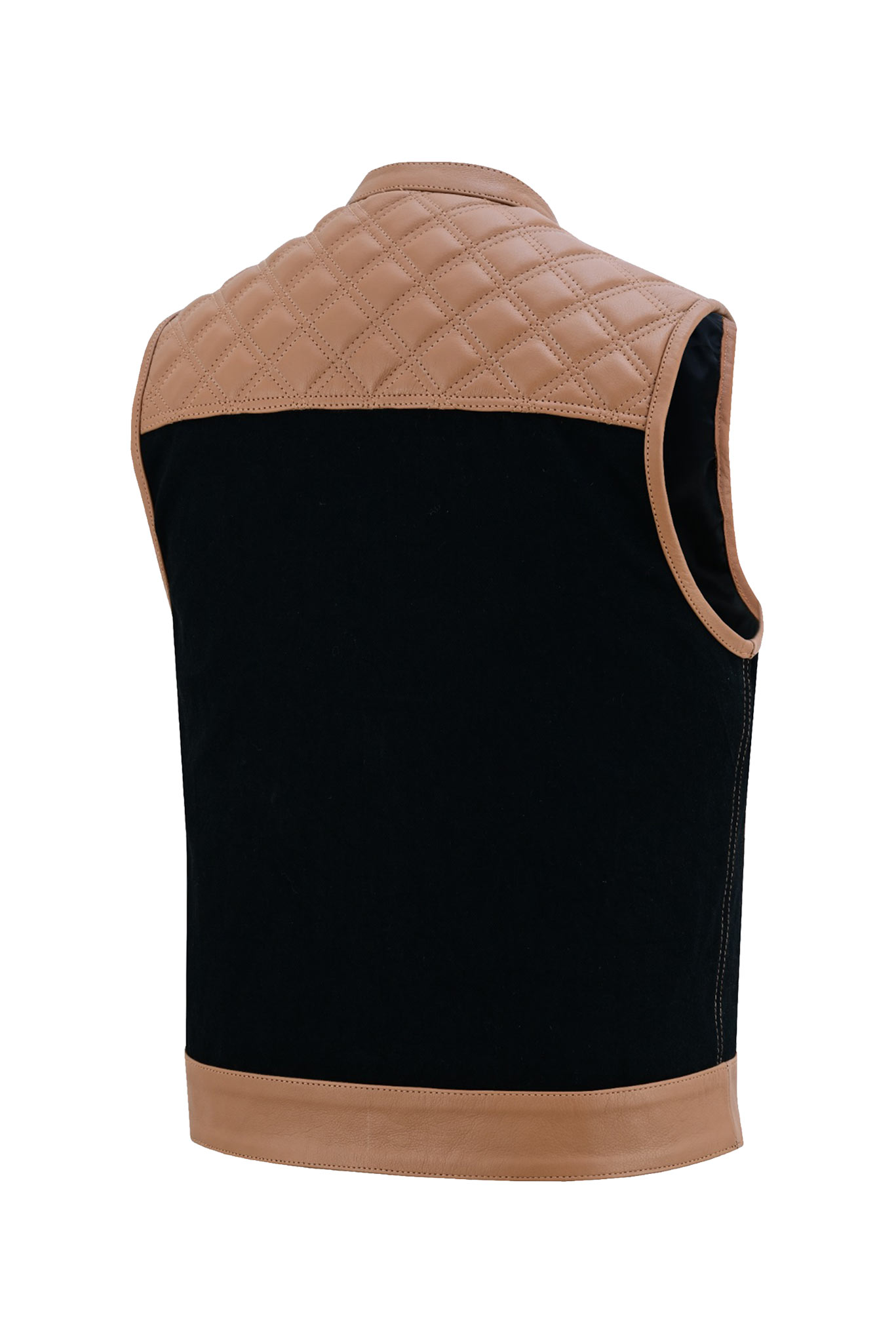 Back view of a leather vest with quilted shoulders and a black body.