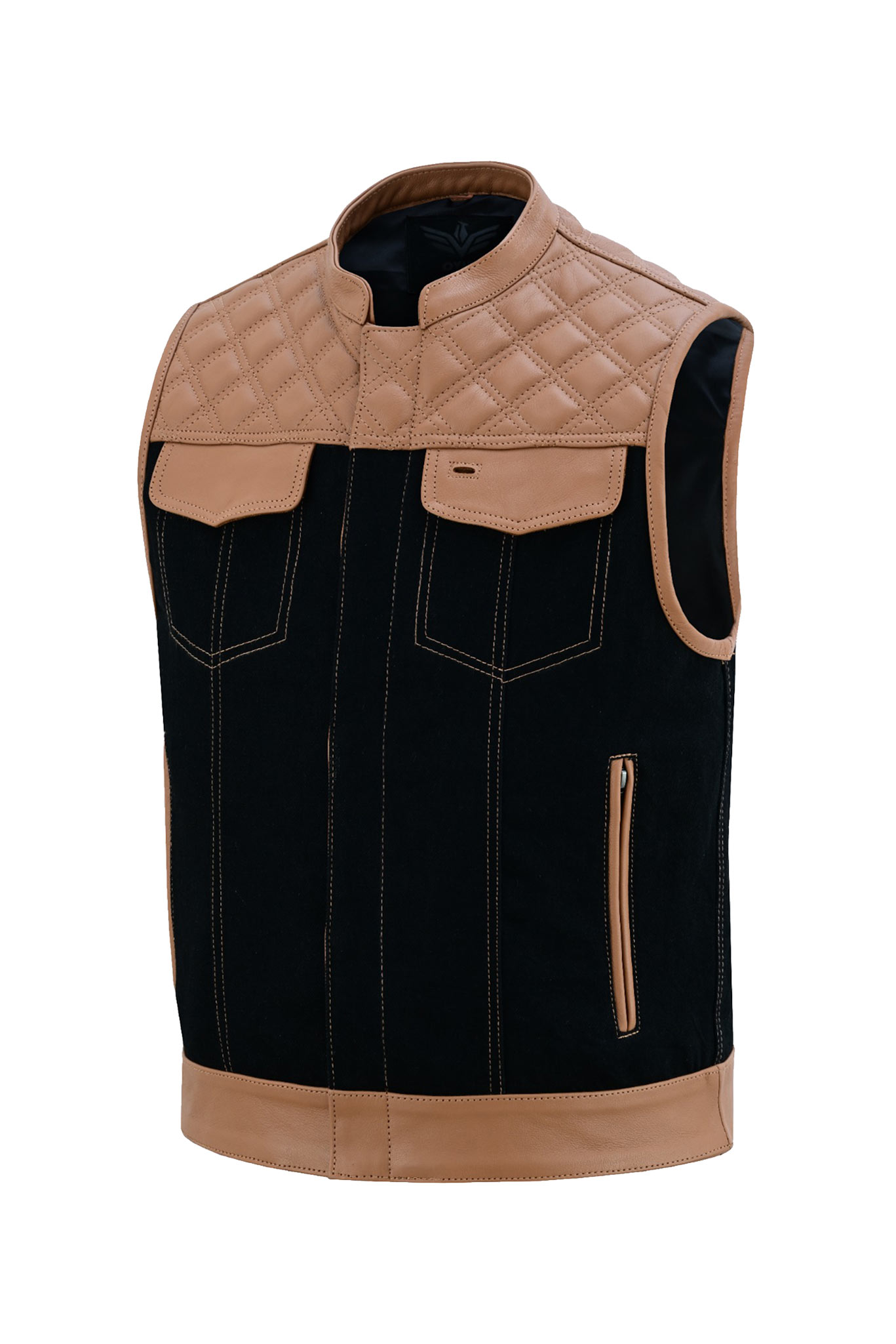 Front view of a tan and black leather vest with quilted shoulders and pockets.