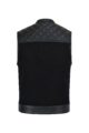Back view of a black biker vest with quilted leather shoulders.