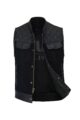 Black sleeveless biker vest with quilted shoulders and zip front.