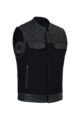 Side view of a black biker vest with quilted leather shoulders and pockets.