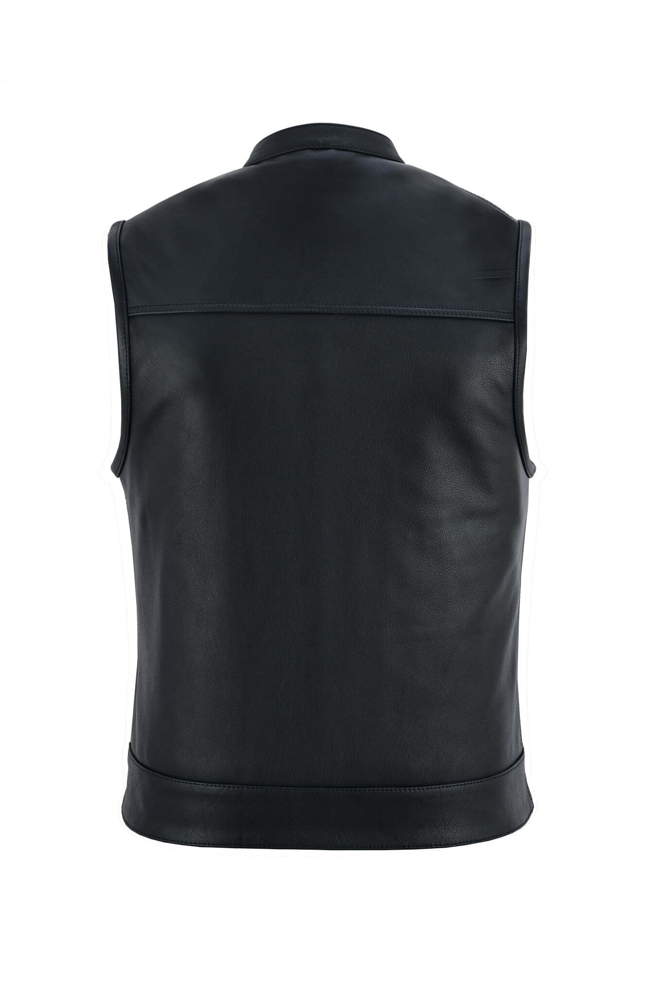 Back view of a black leather vest.