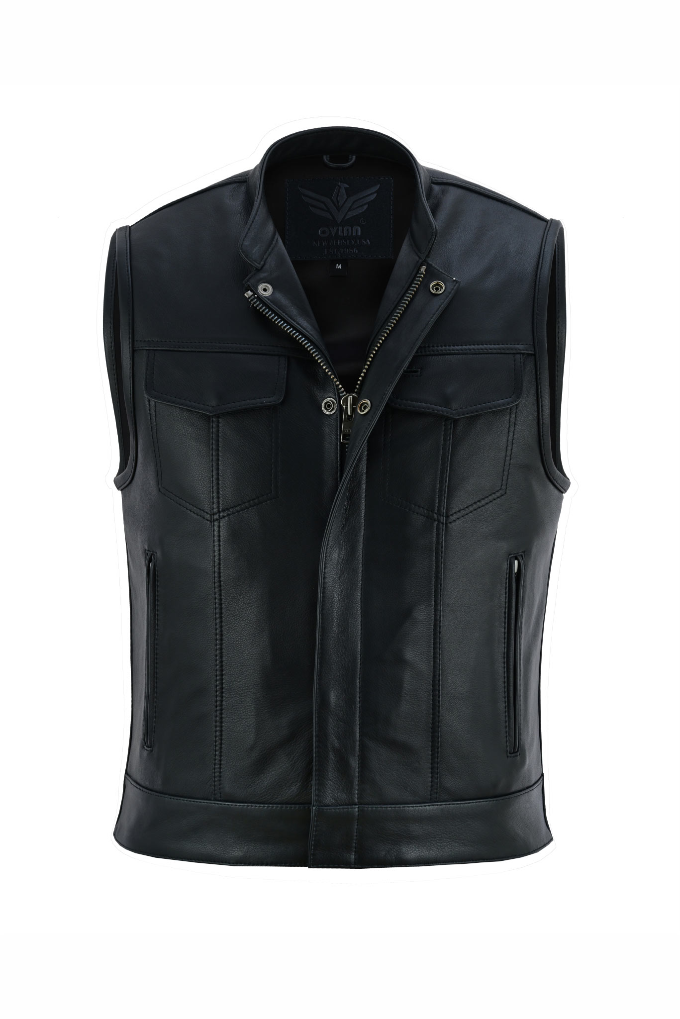 Front view of a black leather vest with a zipper and two pockets.