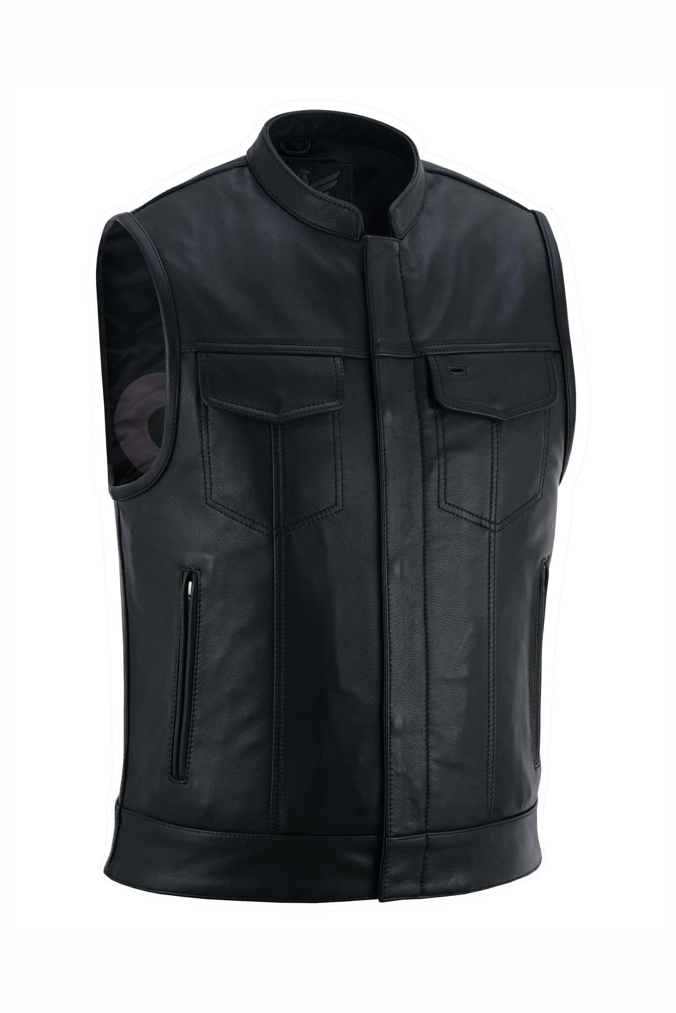 Front view of a black leather vest with two pockets and a zipper.