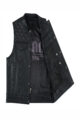 Open black leather motorcycle vest revealing inner lining.