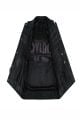 The interior view of the OVLAN black leather motorcycle vest, showcasing the premium satin lining with the OVLAN logo and 
