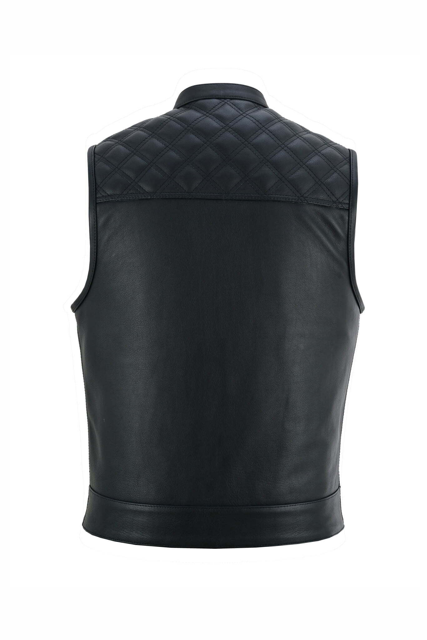 Back view of a black leather vest with quilted shoulders.