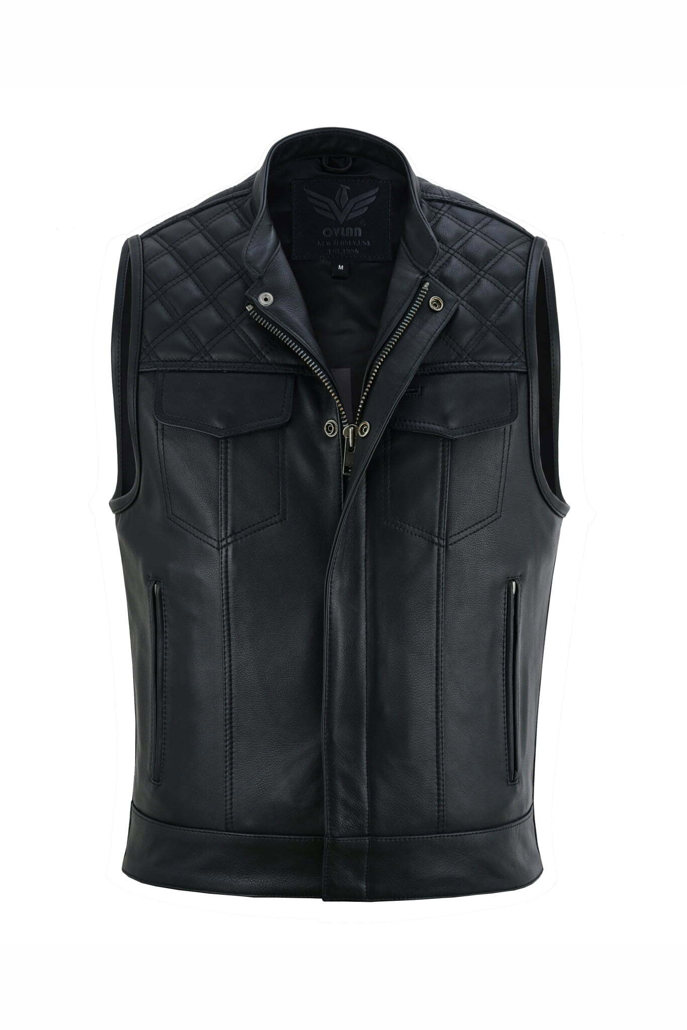 A black leather vest with a quilted design on the shoulders, front zipper, and two flap pockets.
