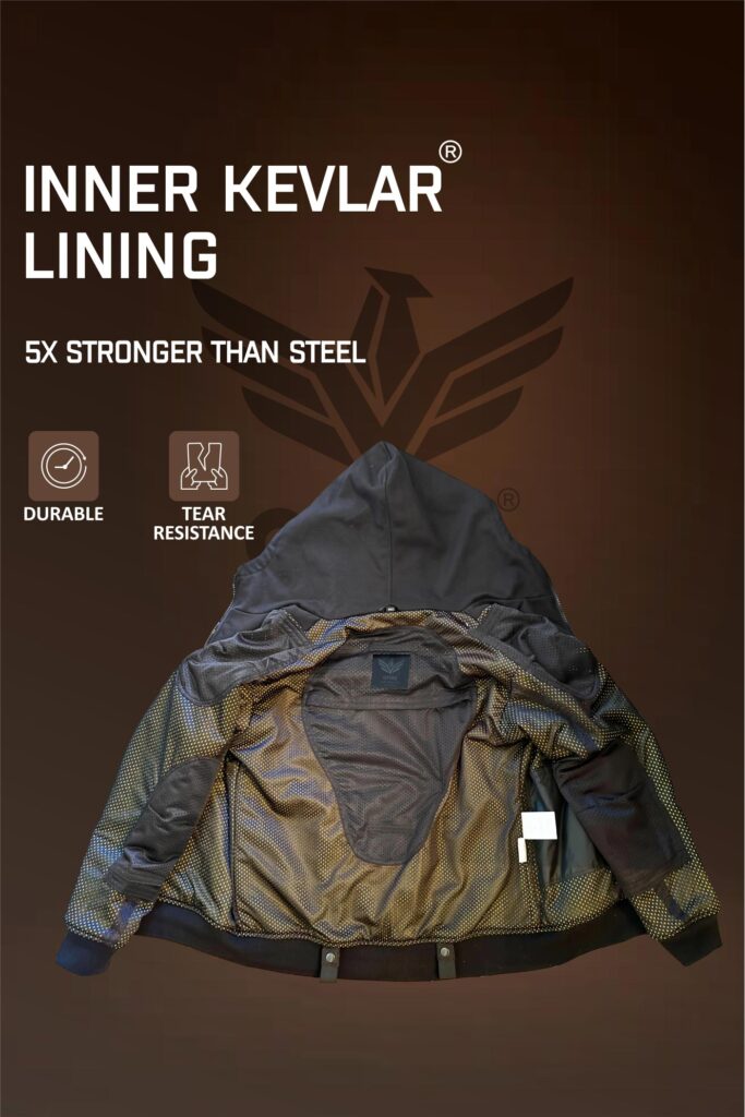 A close-up of a jacket's inner lining, featuring Kevlar material that's five times stronger than steel. The text highlights its durability and tear resistance.