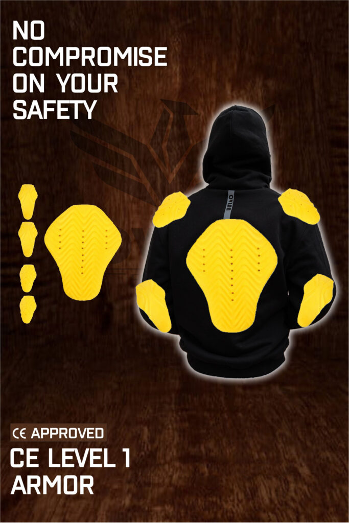 A hoodie with CE Level 1 armor pads on the back, shoulders, and elbows. The image shows the armor pieces in yellow, highlighting their safety features.