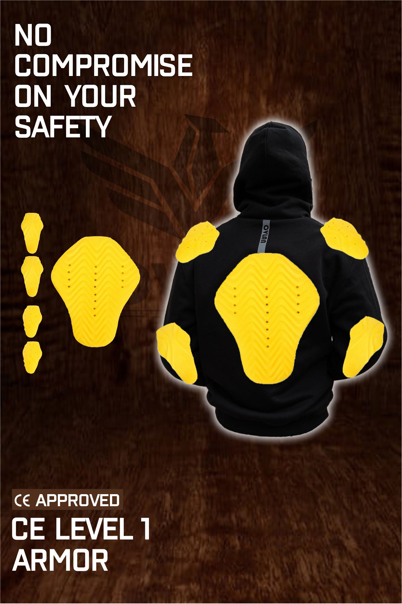 A hoodie with CE Level 1 armor pads on the back, shoulders, and elbows. The image shows the armor pieces in yellow, highlighting their safety features.