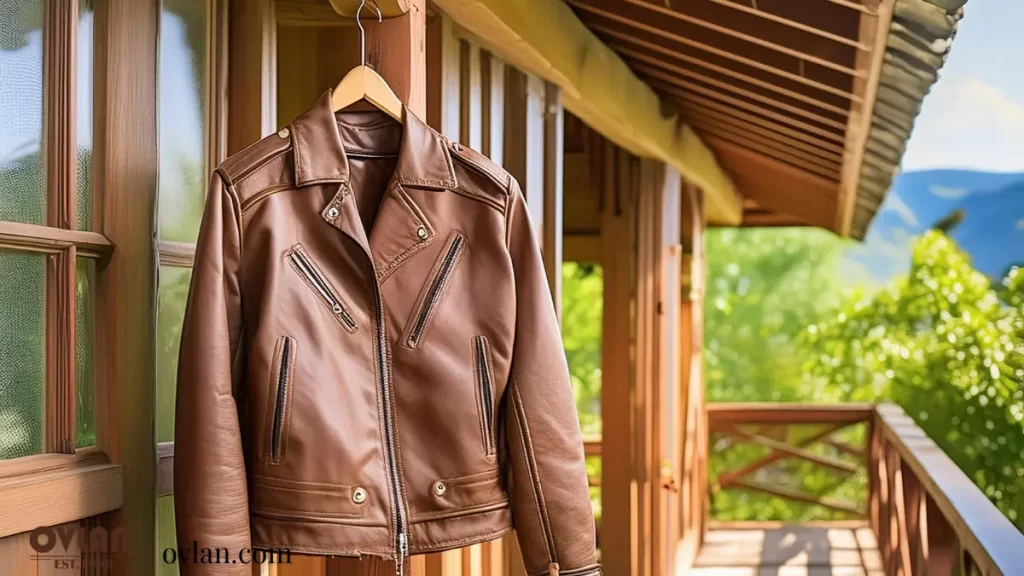 A brown leather jacket hanging on a wooden hanger in front of a cabin, with green trees and sunlight in the background.