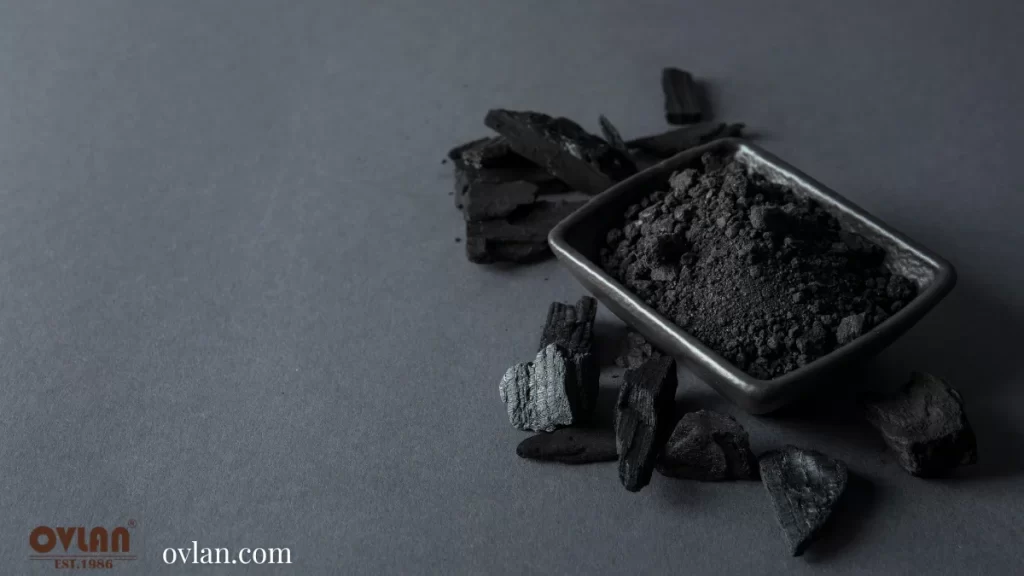 A bowl of charcoal powder surrounded by pieces of charcoal on a dark surface.