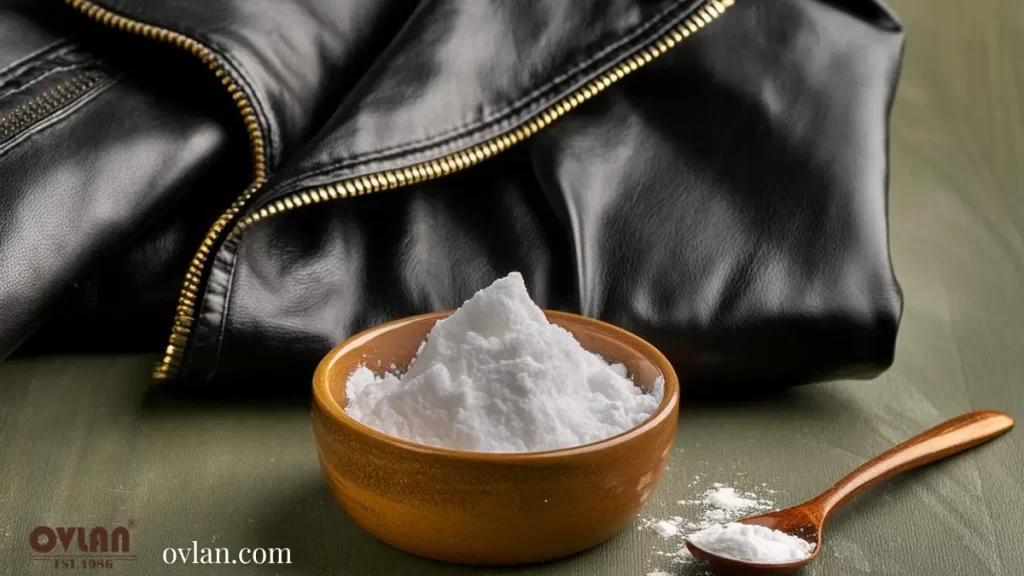 A bowl of white powder next to a black leather jacket and a wooden spoon, on a green background.